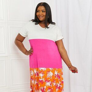 Brand New Celeste Ivory Fuchsia Color Block Maxi T-Shirt Dress XL